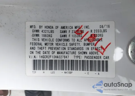 2017 Honda Accord Sport Se z USA, uszkodzony, nr VIN 1HGCR2F10HA027947